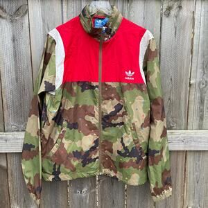 Adidas Men's Jacket Windbreaker Rain Full Zip Camo Hood Medium Logo Letters